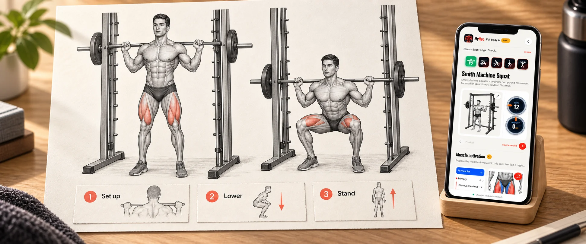 MyMyo squat guidance with movement illustrations and an exercise screen preview