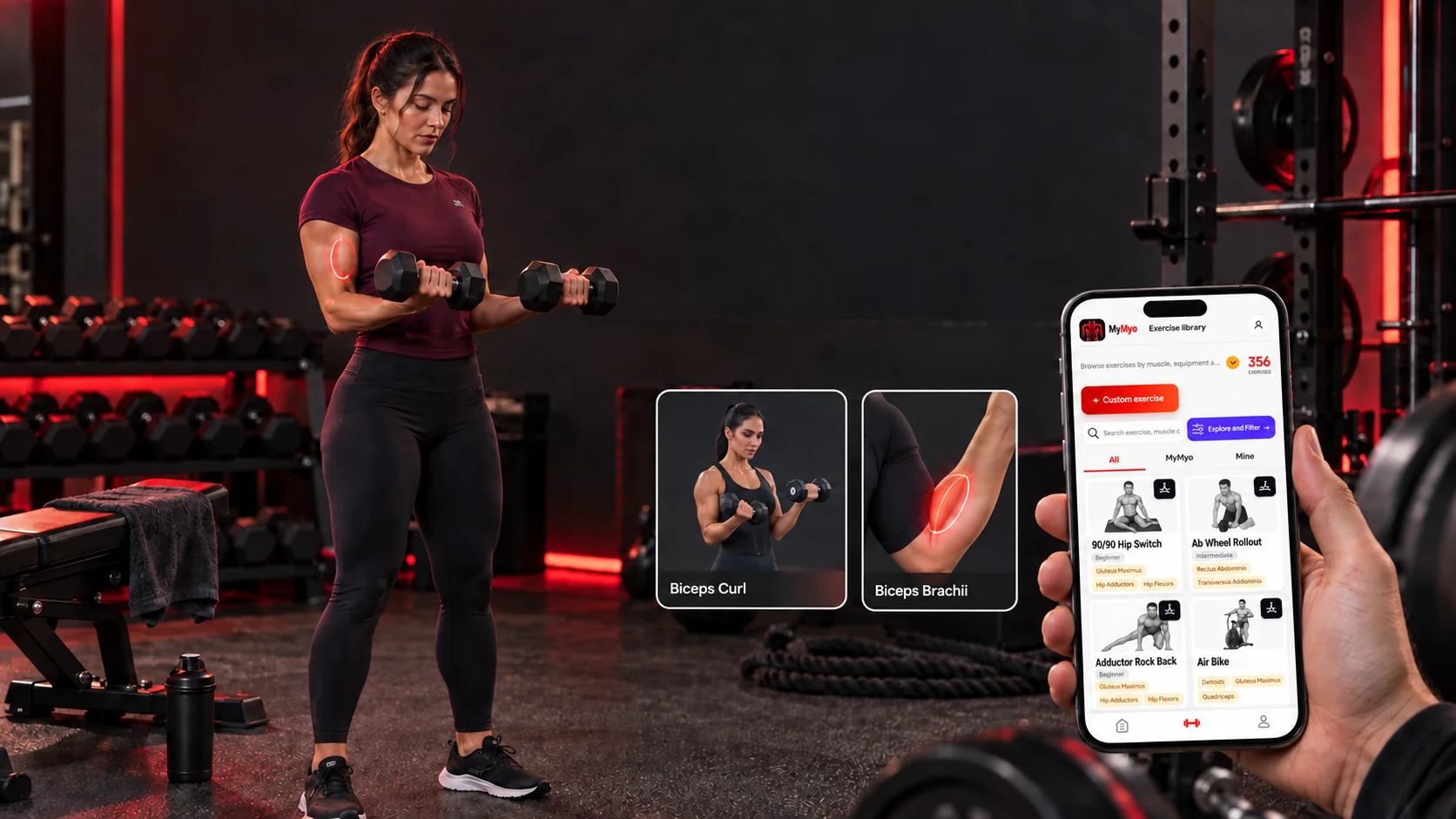 An athlete lifting a dumbbell in a real gym, with enlarged exercise and muscle previews and MyMyo on a phone held nearby