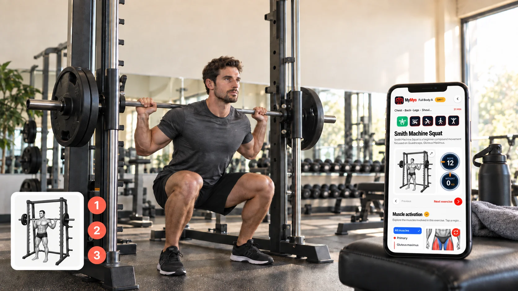 An athlete using a Smith machine in a bright gym, with an enlarged exercise guidance preview and MyMyo on a nearby phone