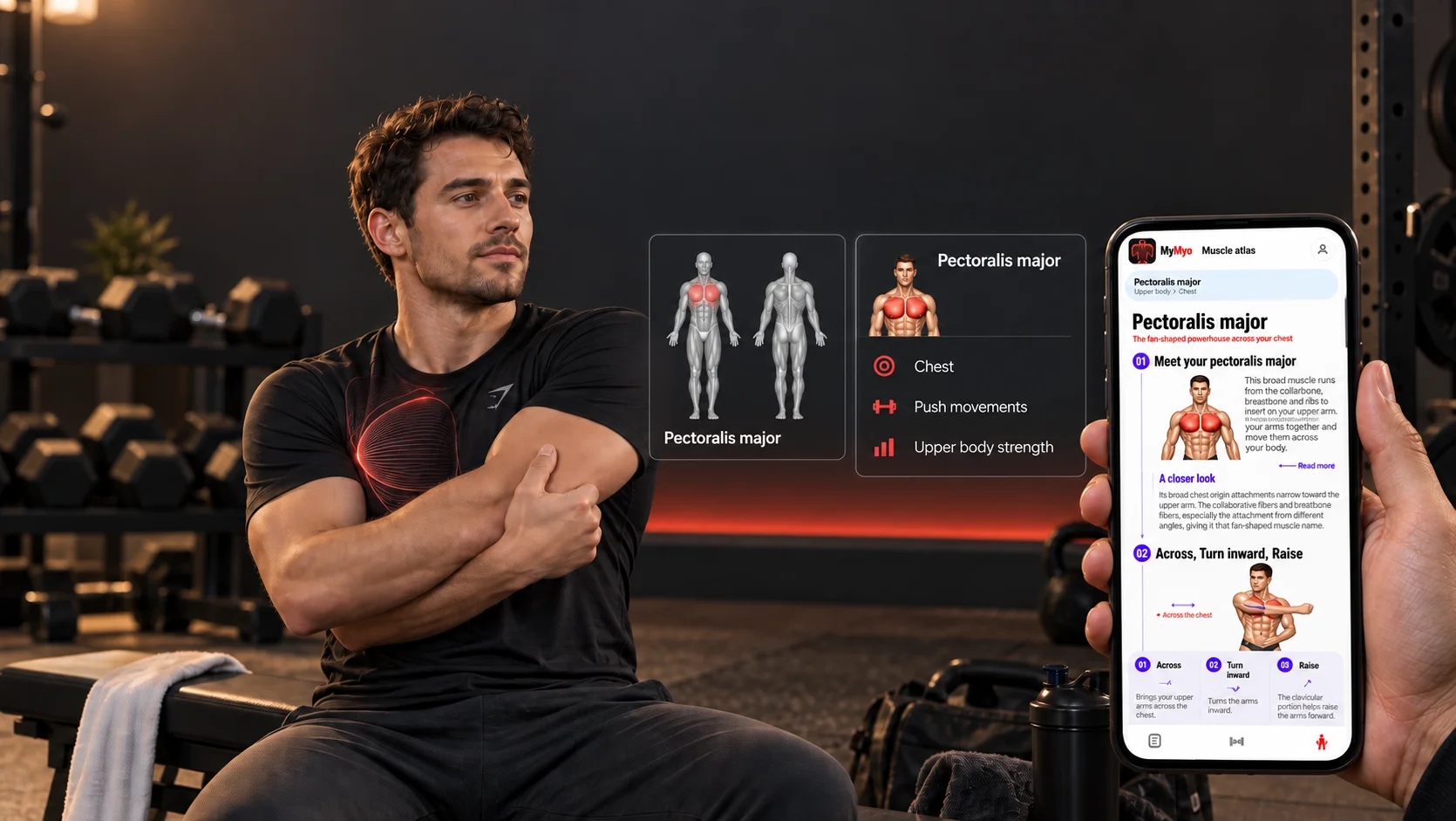An athlete stretching in a training room, with subtle muscle highlights, enlarged anatomy previews and MyMyo on a phone