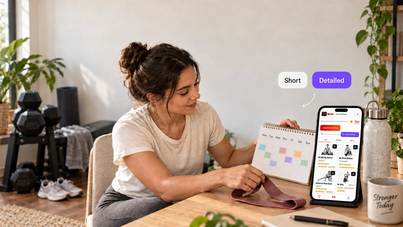 A person planning training in a home fitness space with a weekly calendar, workout equipment and a phone with an enlarged MyMyo screen